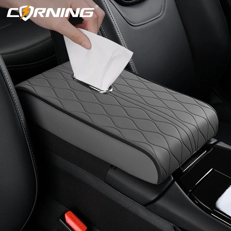 Universal Car Armrest Pad - PU Leather Memory Sponge Armrest Cushion Vehicle Center Console Cover Protector With Side Pocket