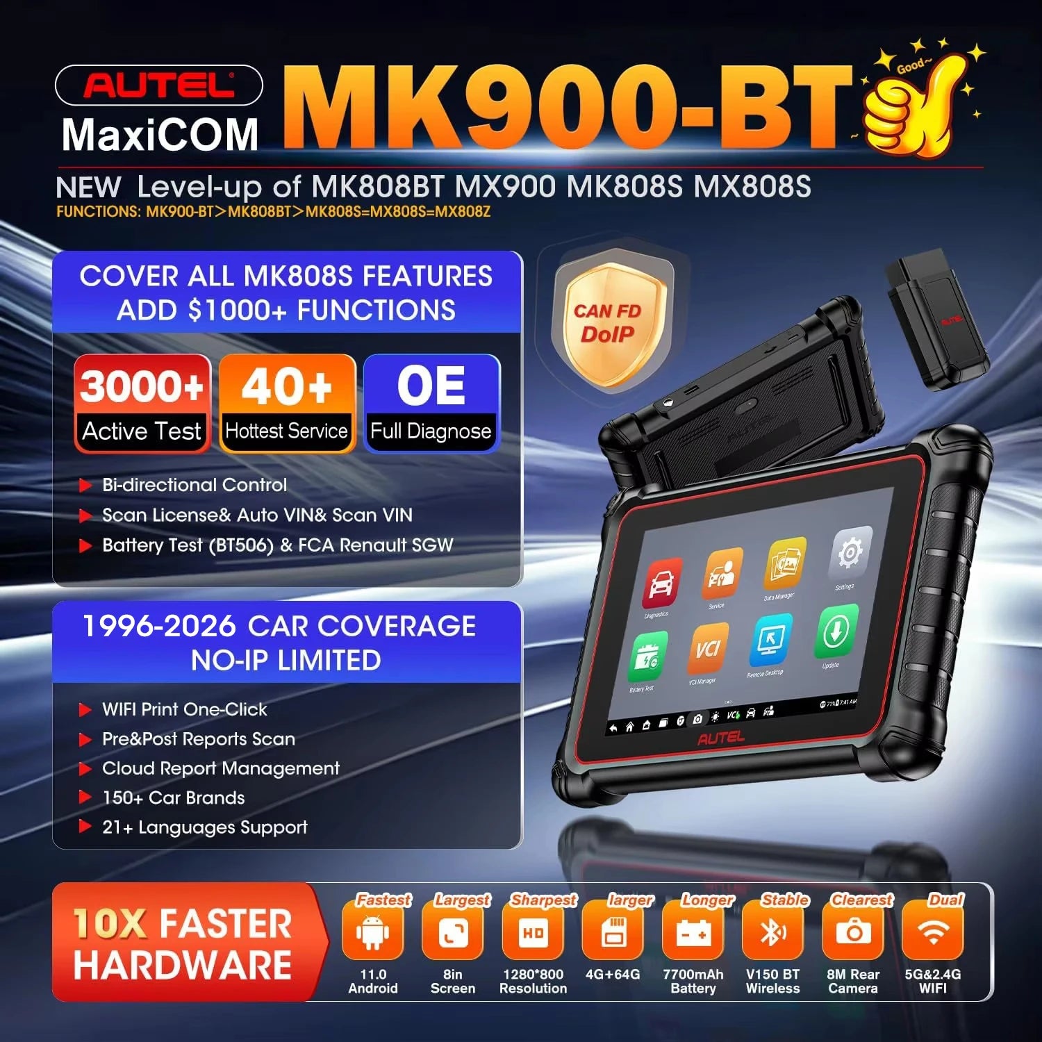 Autel MaxiCOM MK900 BT MK900BT 8 Inch Car Diagnostic Tools 40+ Services CAN FD DOIP O alternate view