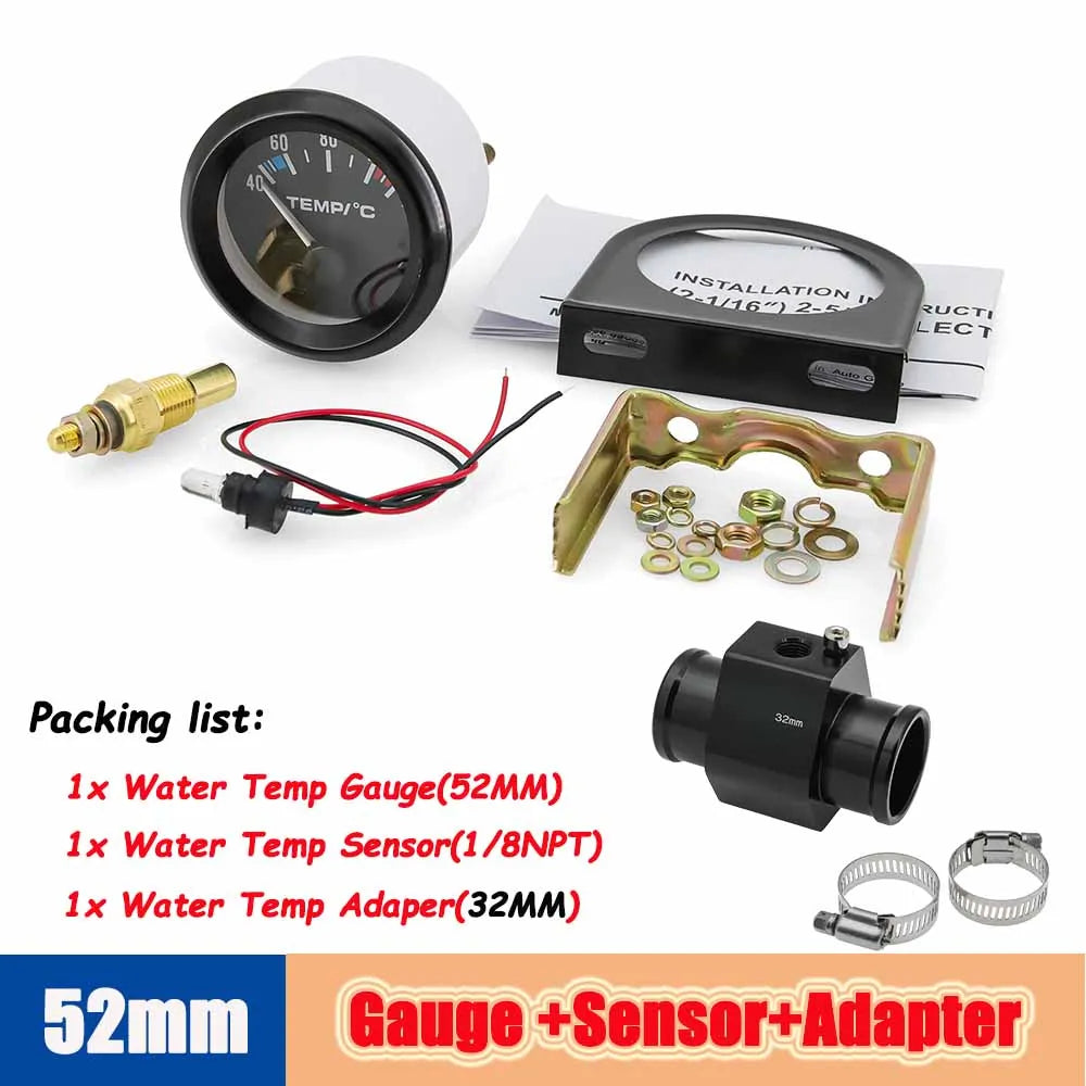 40-120 Celsius Car 52mm Water Temperature Gauge with Adaptor Joint Pipe | Racing 12V Rad detail view