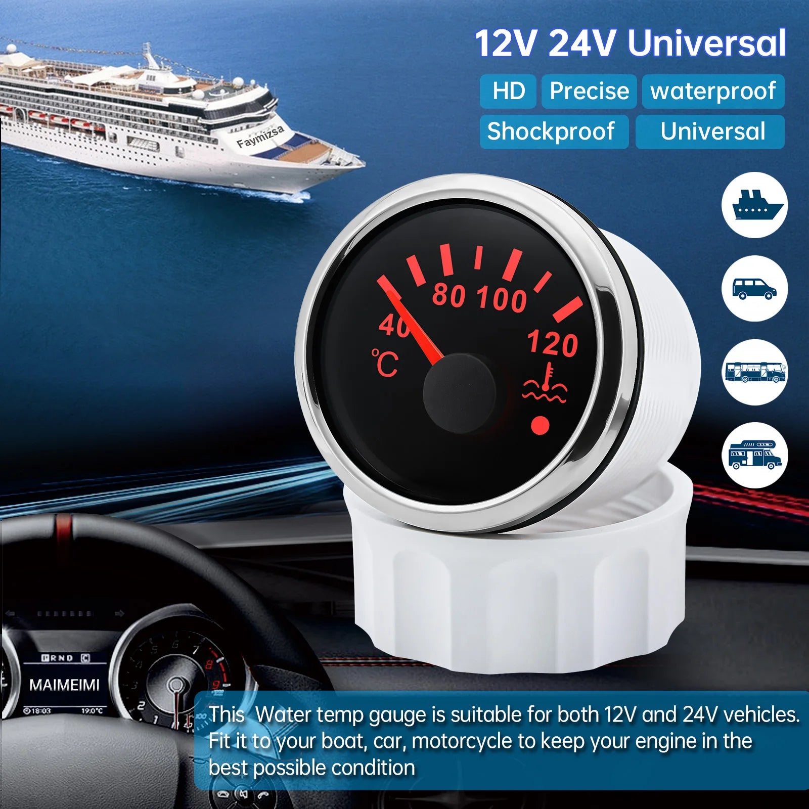 52mm Water Temperature Gauge 40-120Celsius with 7-Color Backlight and Alarm | Car C additional angle