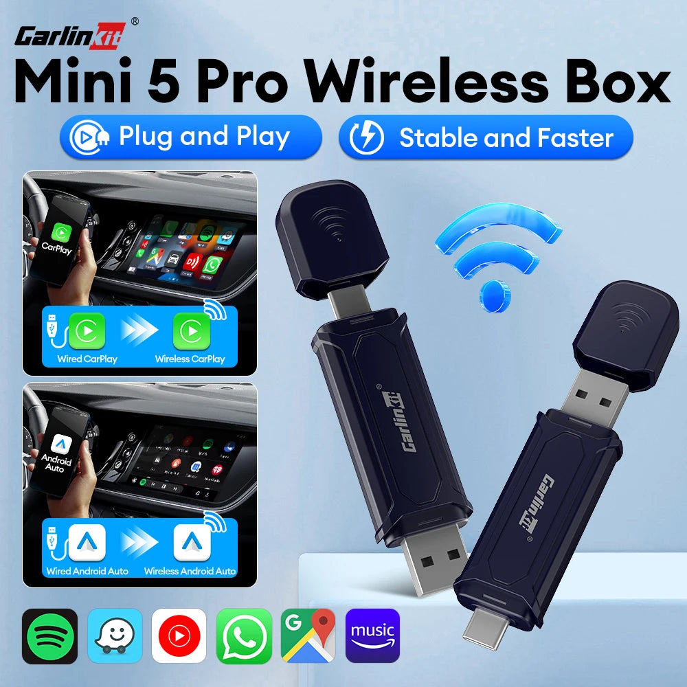 2air Mini 5 Pro CarlinKit 5.0 Wireless CarPlay Wireless Android Auto Box 5Ghz WiFi BT Auto Connect P