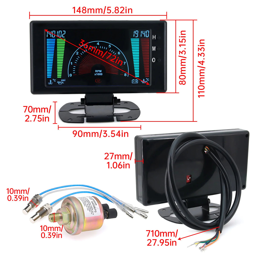 AD LCD 6 in 1 Multiple Functions LCD Car Gauge Tachometer RPM Meter Volts Clock Water Temp Oil Temp Oil Pressure Gauge Voltmeter