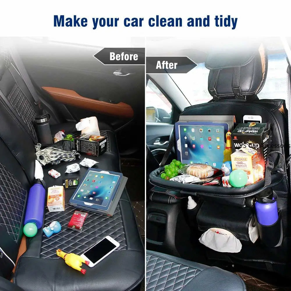 PU Leather Car Seat Back Organizer with Foldable Table