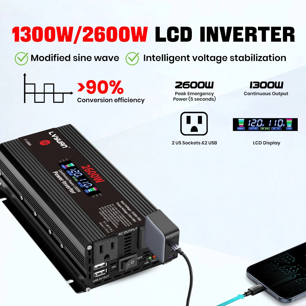 1500W/2000W/2600W DC12V to AC110V Portable Car Power Inverter Charger Converter Adapter US Socket Auto Accessories