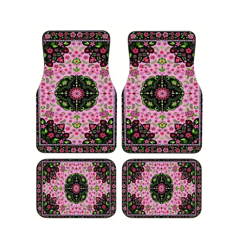 Red Bohemian Paisley Print Car Floor Mats 4Pcs Universal Anti-Slip Auto Carpet Inte additional angle