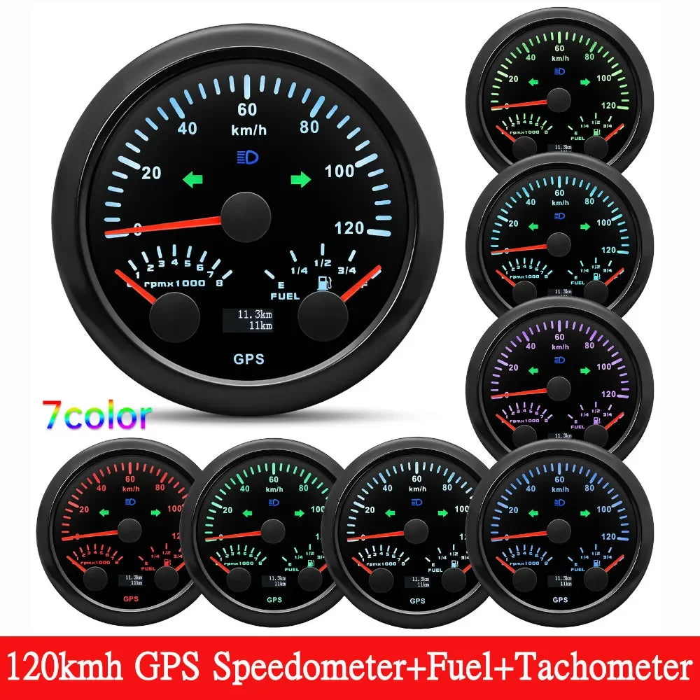HD Customized 85MM 3 IN 1 Gauge 120kmh 120MPH GPS Speedometer Fuel Gauge Voltage Voltmeter Tachometer RPM Sesnor With Antenna