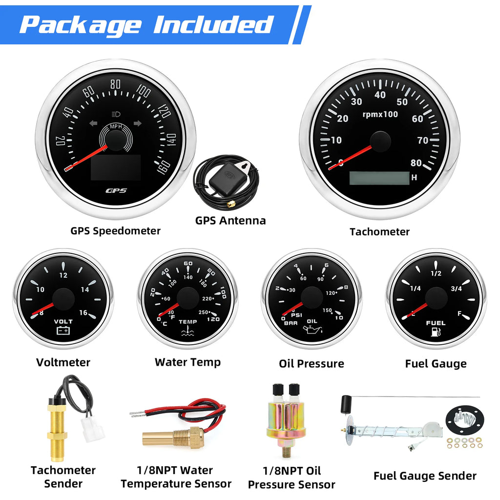 6pcs Gauge Set 160MPH 200km/h GPS Speedometer Tachometer Water Temp Fuel Voltmeter Oil Pressure Meter With Sensor for Boat Car