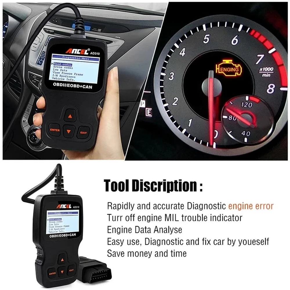 ANCEL AD310 Car Full OBD2 Diagnostic Tools OBD II Automotive Professional Auto Code Reader Scanner Check Engine Light DTC Lookup