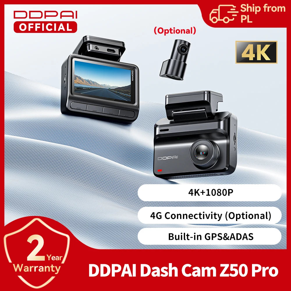 DDPAI 4K Dash Cam Z50 Pro 5GHz Wi-Fi GPS ADAS Night Vision 4G Connectivity Car DVR 24H Parking Support Front and Rear Cam