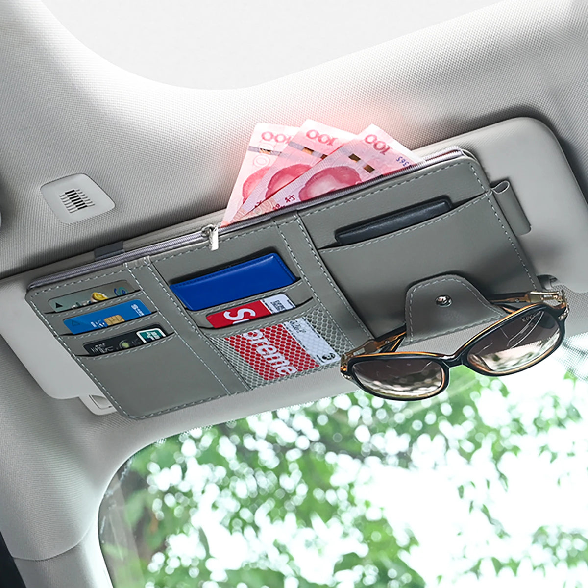 JFBONIN Car Sun Visor Organizer Storage Box with Sunglasses Clip Business Card Holder lifestyle view