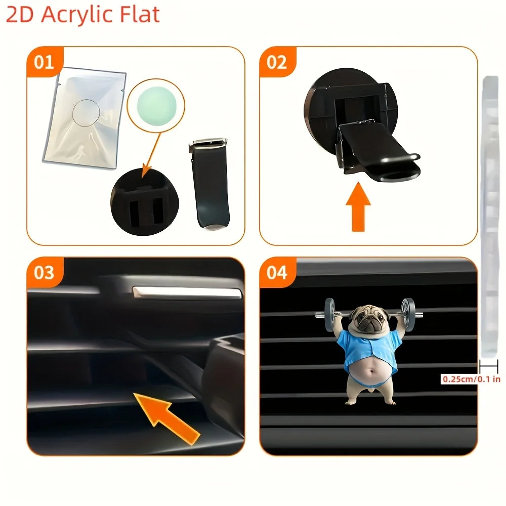 3PCS 2D Acrylic Flat Adorable Pug Car Air Vent Fragrance Diffuser, Acrylic Car Vent Decoration Clip Interior Accessories.
