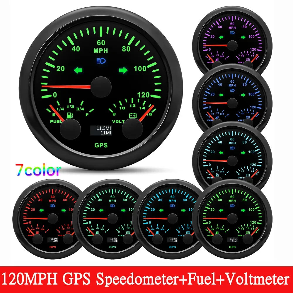 HD Customized 85MM 3 IN 1 Gauge 120kmh 120MPH GPS Speedometer Fuel Gauge Voltage Voltmeter Tachometer RPM Sesnor With Antenna