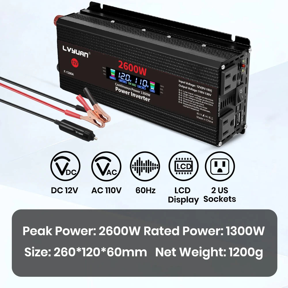 1500W/2000W/2600W DC12V to AC110V Portable Car Power Inverter Charger Converter Adapter US Socket Auto Accessories