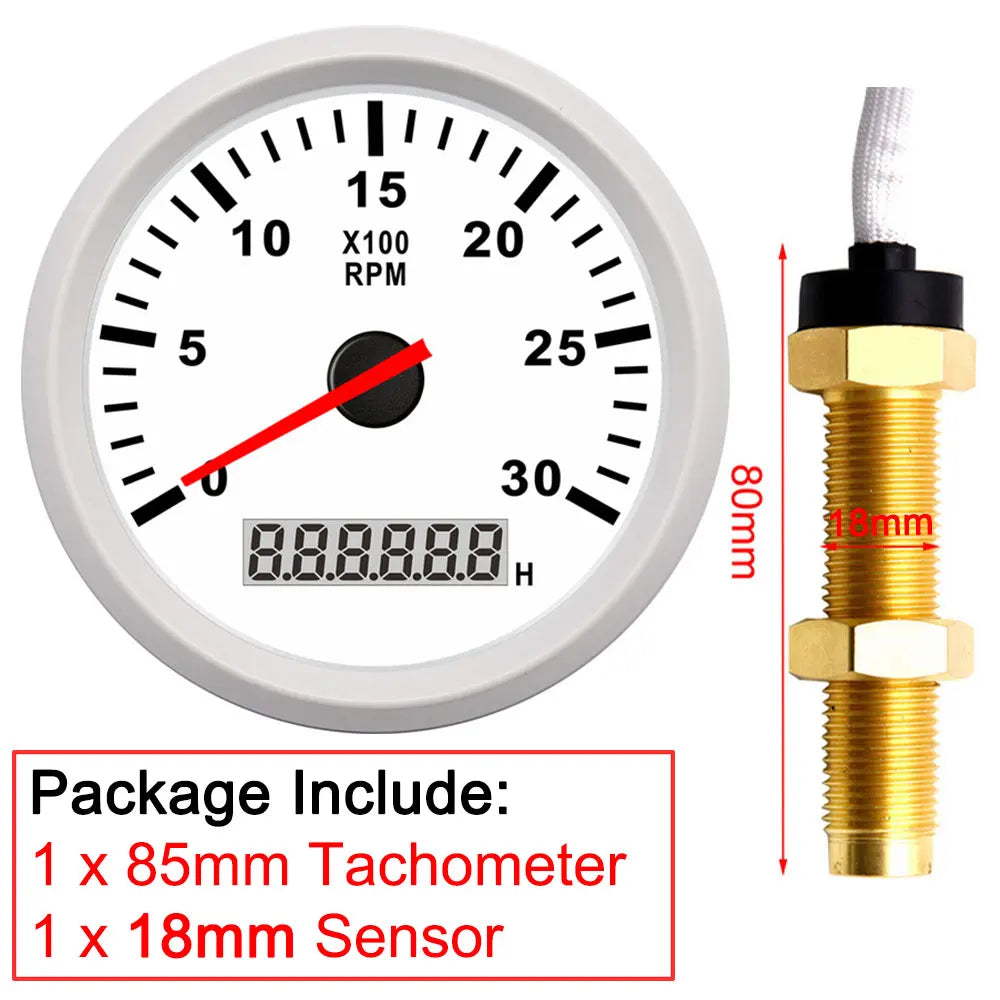 3000RPM Tachometer 85mm with Sensor | Diesel Engine Marine Boat Car RPM Gauge Hour Met close-up view