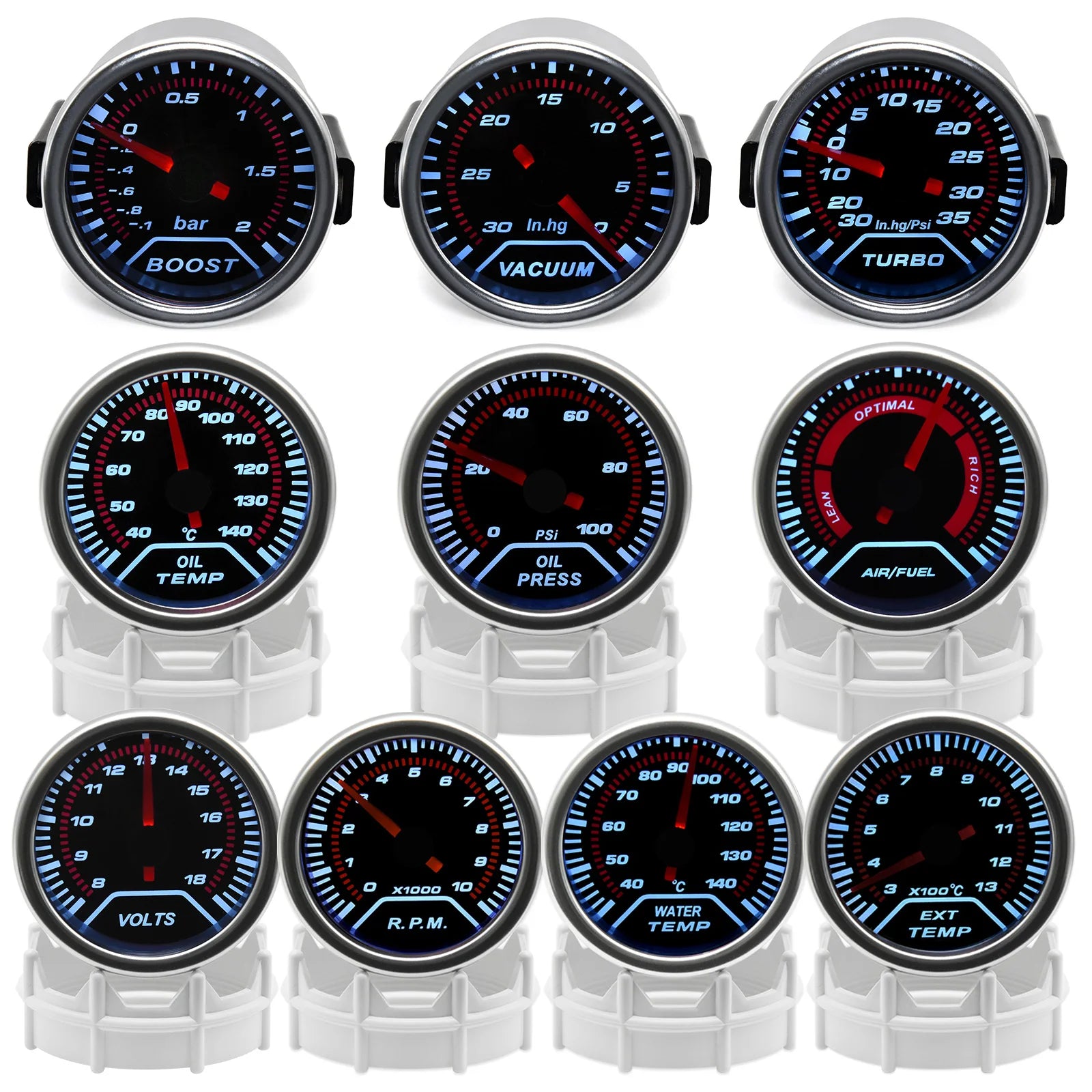 52mm 8-in-1 Car Gauge Set | Water Temp Oil Temp Oil Pressure Voltmeter Vacuum Tachometer Boost Air F