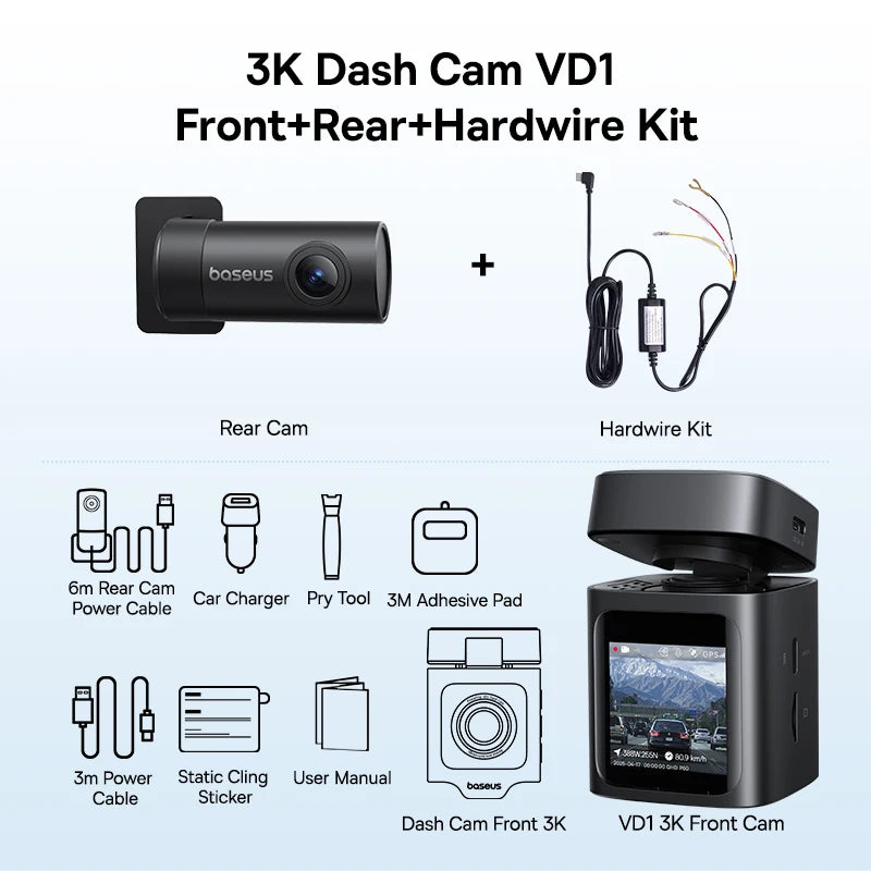 Baseus 3K Dash Cam VD1 Front and Rear Cam HD Built-in GPS Galileo Supercapacitor Car alternate view