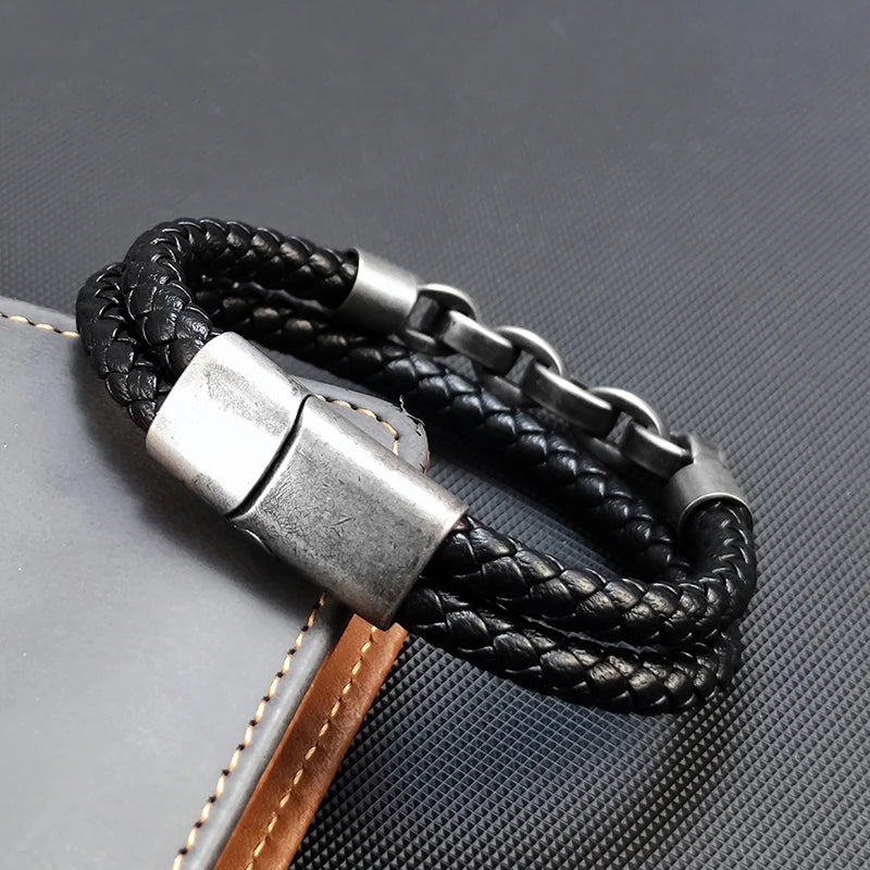 2025 Fashion Multi layered Stainless Steel Charm Viking Leather Bracelet Men's Woven B close-up view