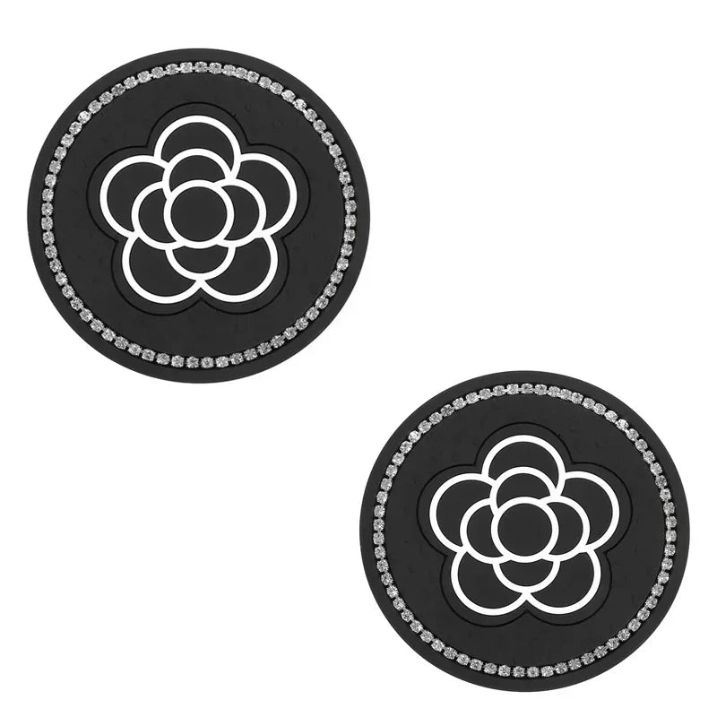 2PCS of Diamond Car Coasters, Tea Flower Car Cup Holders, Silicone Anti Slip Coasters, close-up view