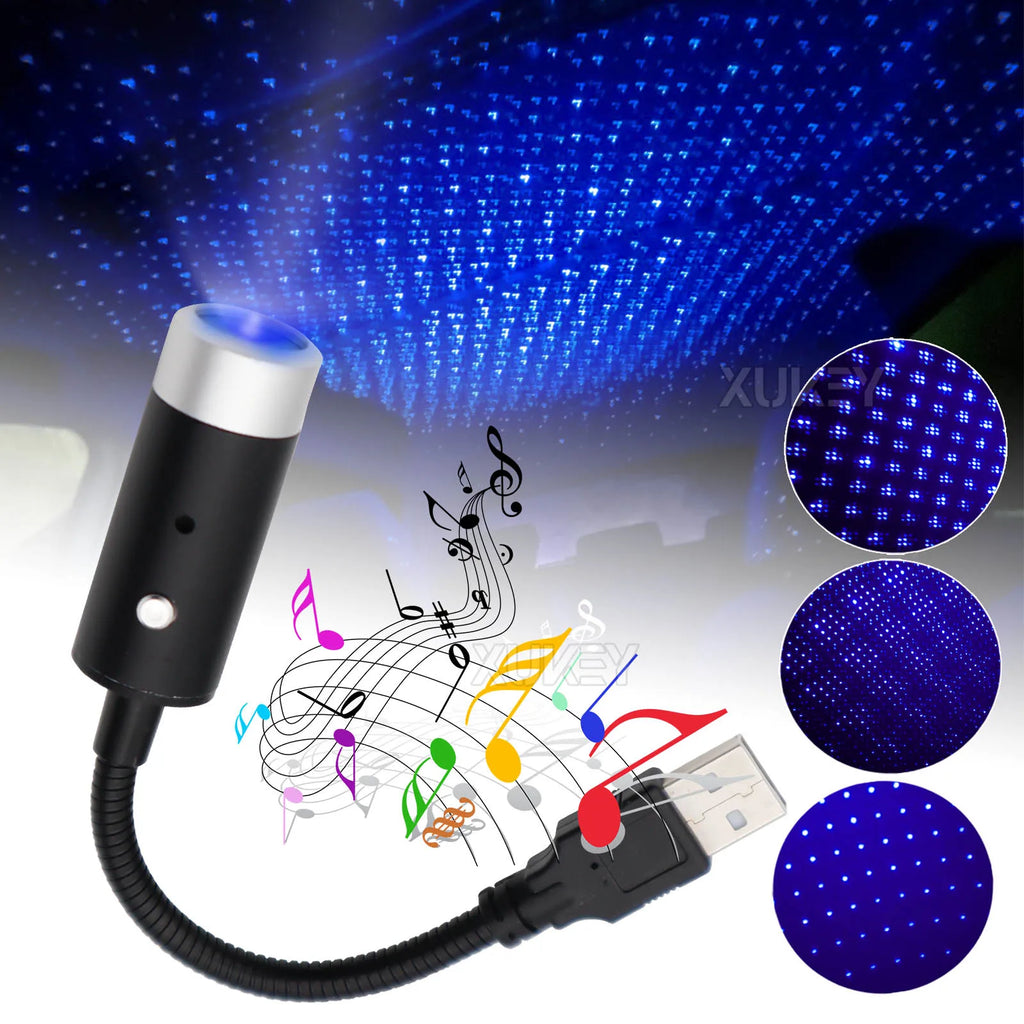 USB Star Night Light Projector – Auto Rotating Atmosphere Lamp for Car, Bedroom & Party