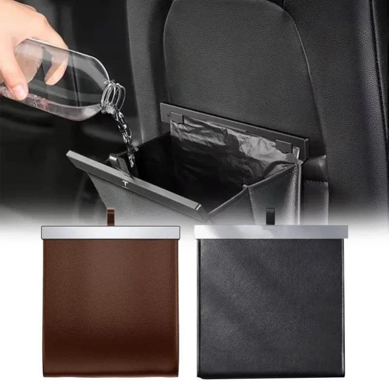 Car Trash Bag Leather Front-Row Hanging Garbage Bin Foldable Waterproof Storage Bucket Rubbish Bag C