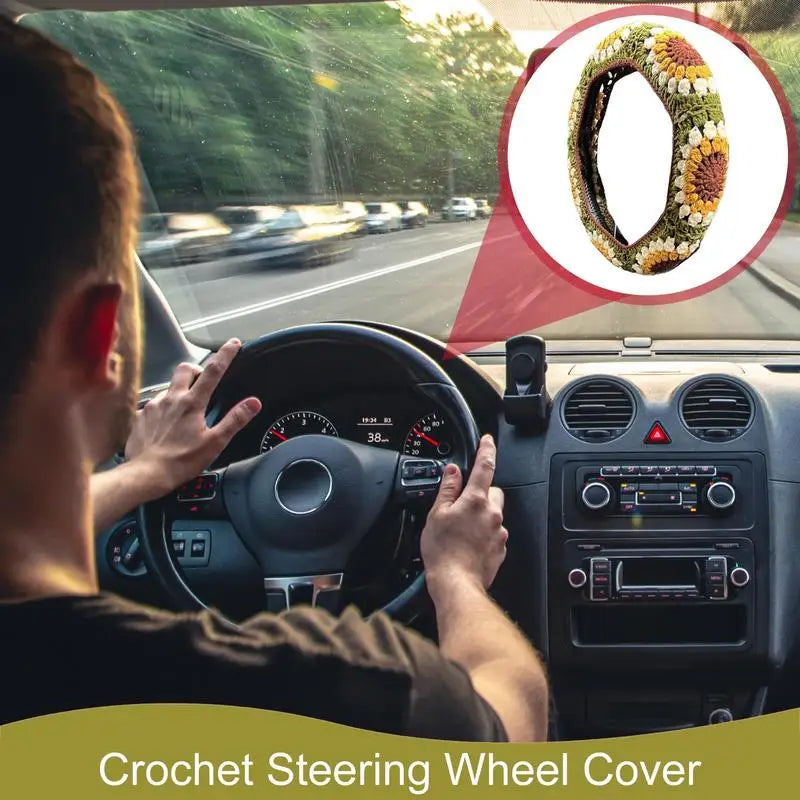 Universal Crochet Sunflower Car Steering Wheel Cover 35-38cm Anti-Slip Auto Handmade Wheel Cover With Seat Belt Cover Set