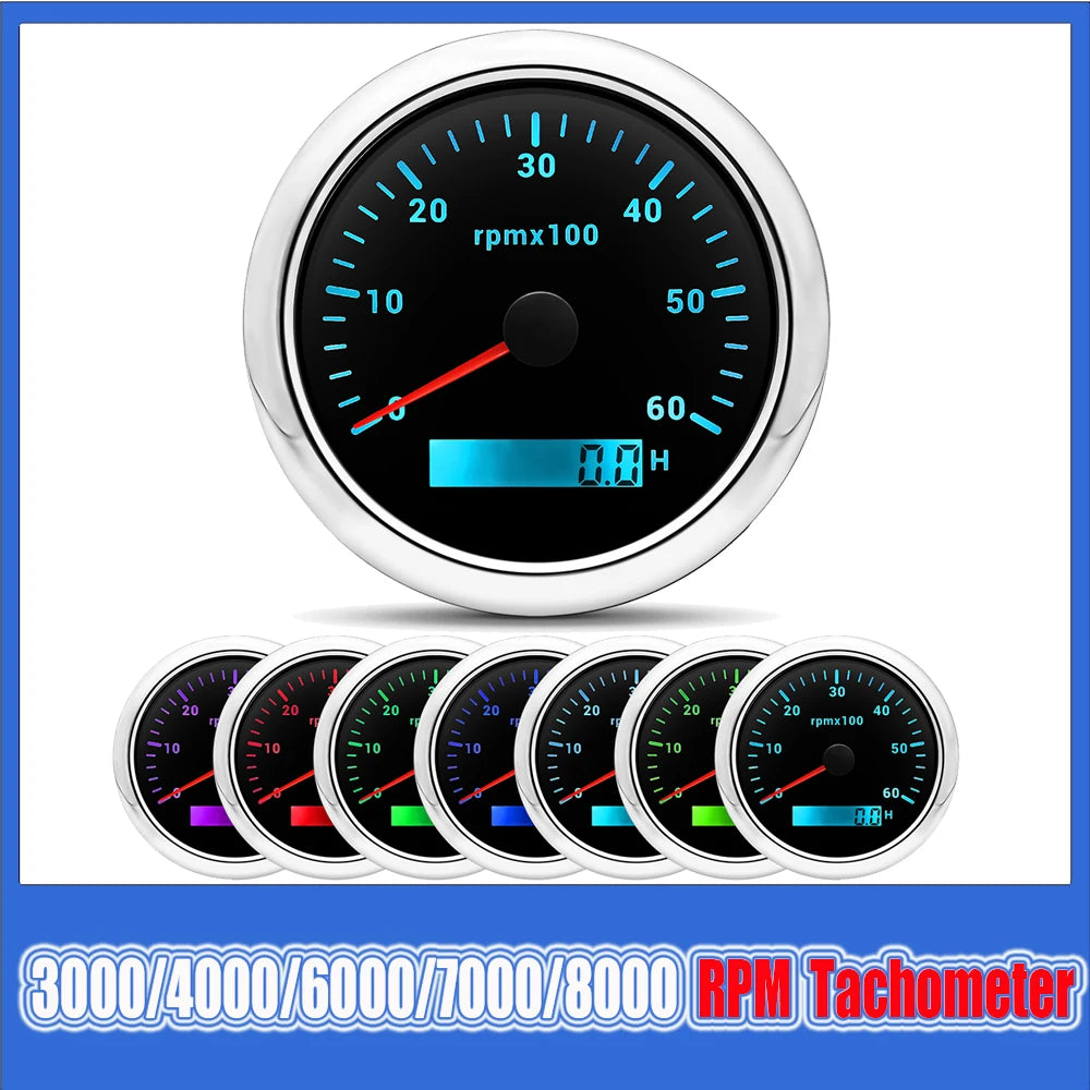 85MM Digital Tachometer 3000-8000 RPM | 7-Color Backlight LCD for Boat Car Marine RV