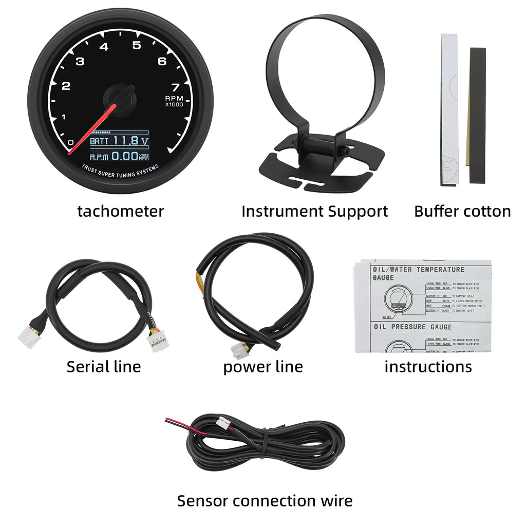 7-color Backlight Display Gauge Boost Water Temp Oil Temp Oil Pressure Voltmeter RPM Tachometer Racing Meter With Sensor Bracket