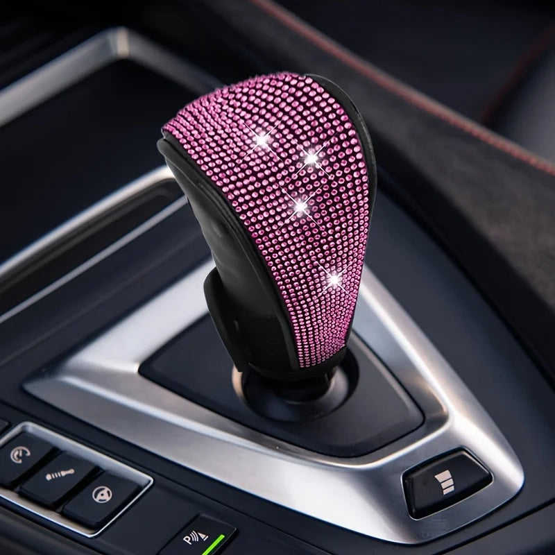 Universal Bling Diamond Gear Shift Cover, Sparkly Rhinestone PU Leather Car Shifter Kn close-up view