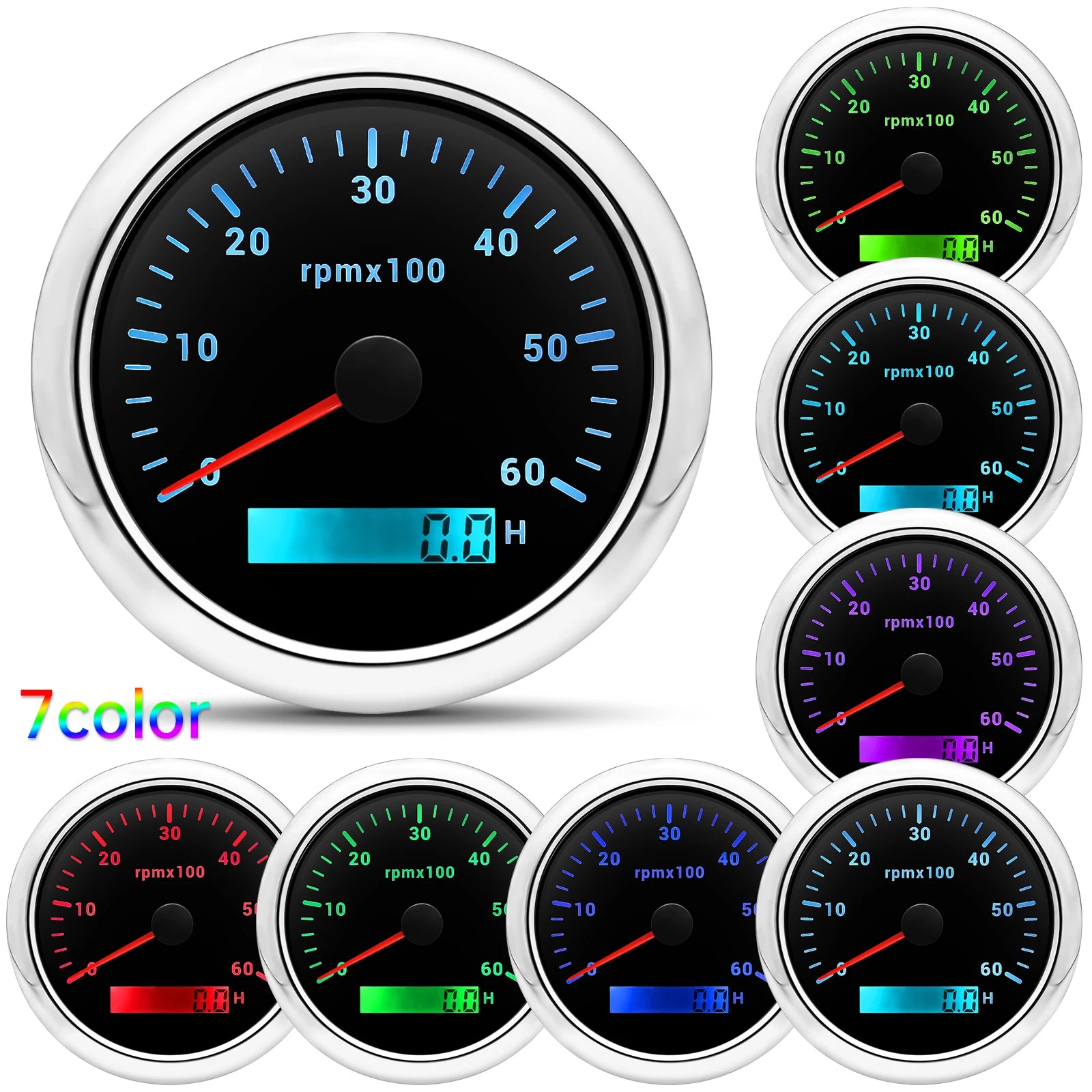 HD 85mm Tachometer with LCD Hourmeter | 7 Color Backlight Tacho Gauge for Marine Boat Ca detail view