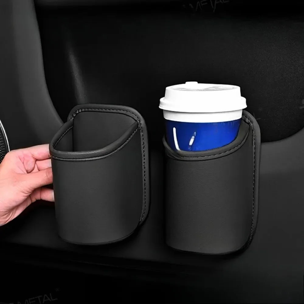 Leather Car Door Cup Holder Storage Bin Black