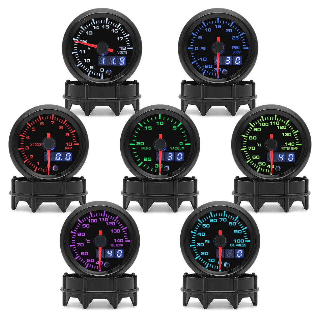 52MM LED Car Meter Water Temp / Oil Temp / Voltmeter / Vacuum / Boost Gauge / Tachometer / Oil Press PSI with Sensor For 12V