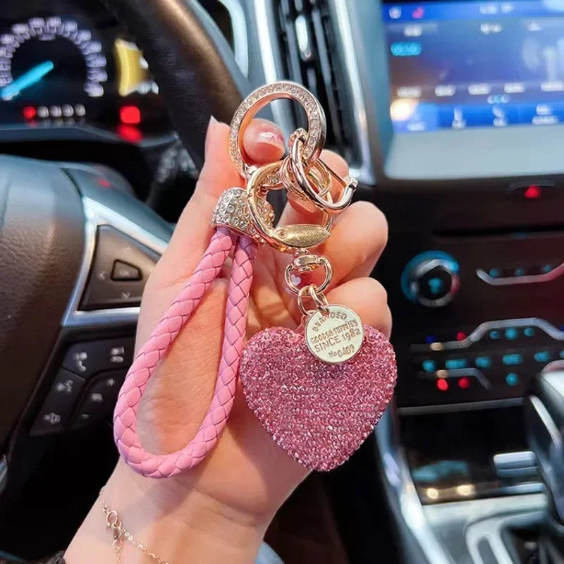 Clay Diamond Full Diamond Love Key Chain Studded Leather Rope Heart-shaped Car Bag Pendant Women Exq