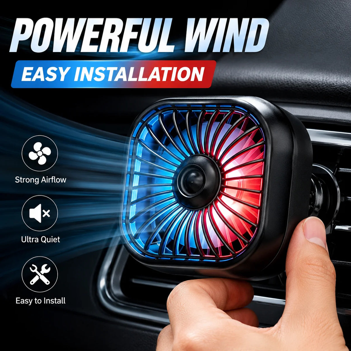 Summer New Mini USB Car Fan, 3 Speed Adjustable, Air Vent Mount with Colorful Light, Aut detail view