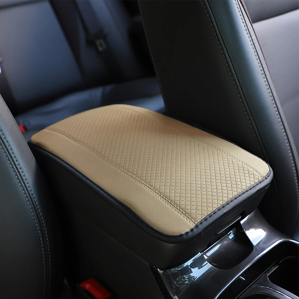 Color-Matched Double-Strand PU Leather Check-Pattern Embossed Car Armrest Pad Center Console Pad Car Decoration Item