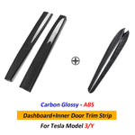 Car Dashboard Cover For Tesla Model 3 Y Door Dash Trim Panel Carbon Fibre ABS Interior close-up view