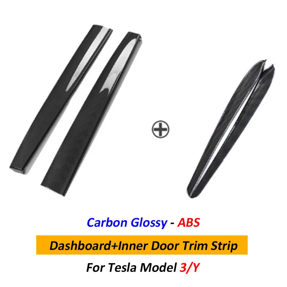 Car Dashboard Cover For Tesla Model 3 Y Door Dash Trim Panel Carbon Fibre ABS Interior close-up view