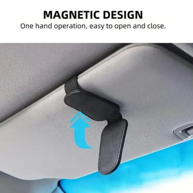 Car Sunglasses Holder Car Magnetic Leather Clip Card Ticket Holder Auto Sun Visor Glasse detail view