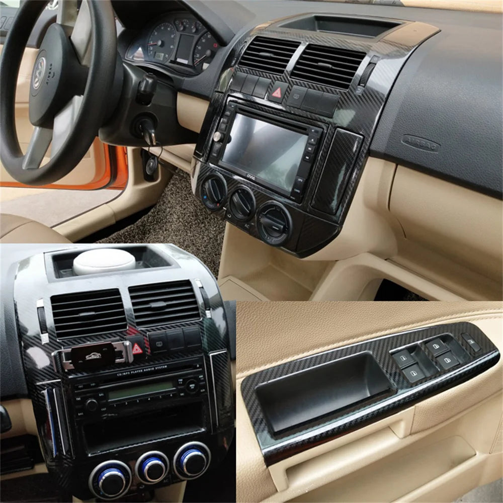 For Volkswagen Polo 2002-2010 Interior Central Control Panel Door Handle 5D Carbon Fiber Stickers De