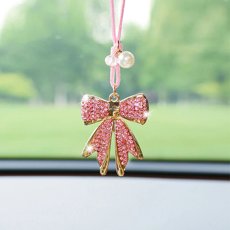 Fashion Diamond-Encrusted Bowtie Car Rearview Mirror Pendant Creative Bow Tie Car Accessory Pendant Decoration