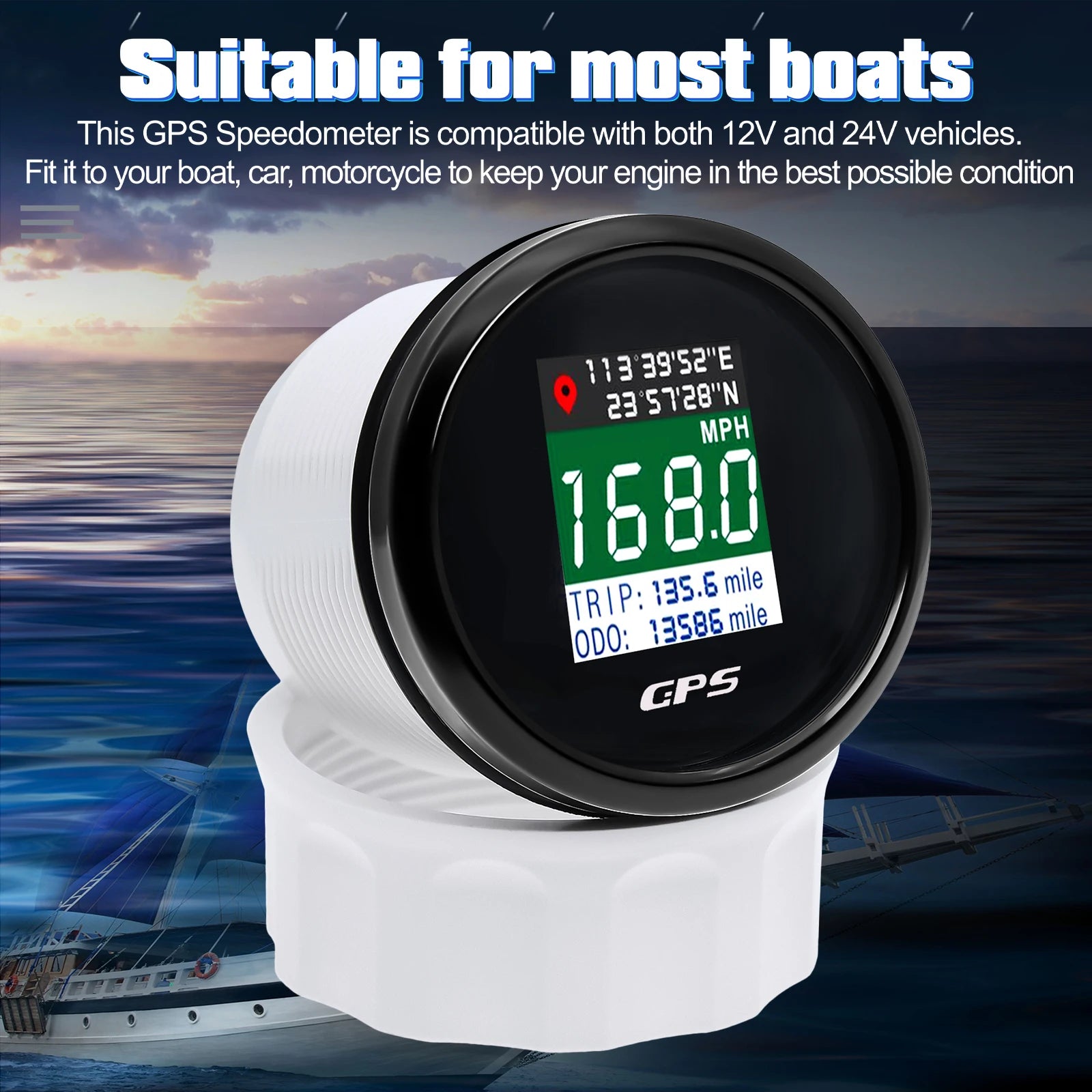 AD 52mm 12V 24V Digital GPS Speedometer TFT Screen | Trip ODO Mph Knot Km/h GPS Antenna detail view