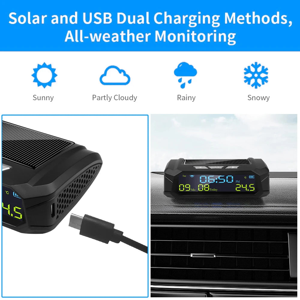 Solar Car Digital Clock with LCD Time Date and Temperature Display | TPMS Look Auto additional angle