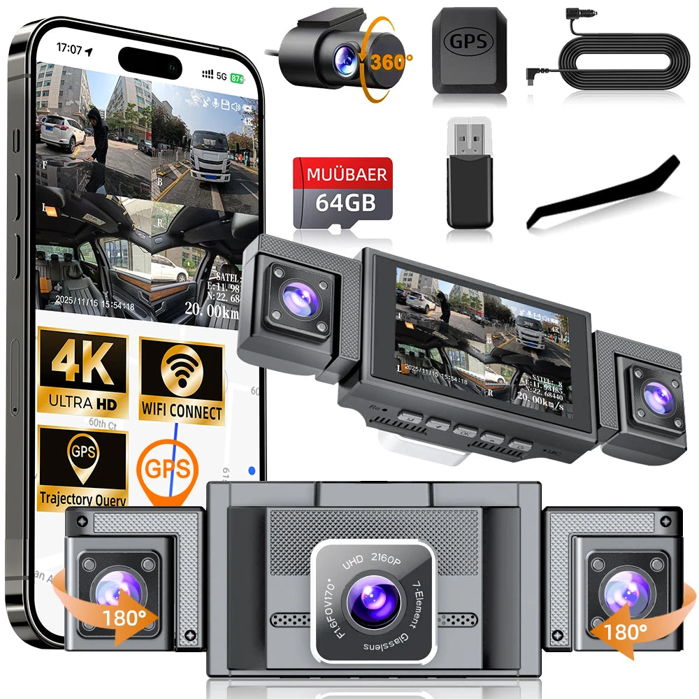 4K 360° 4-Channel Dash Cam with 5.8GHz WiFi & GPS | 4K Front+1080P Left/Right/Rear, 3" IPS Screen, Night Vision, Loop Recording