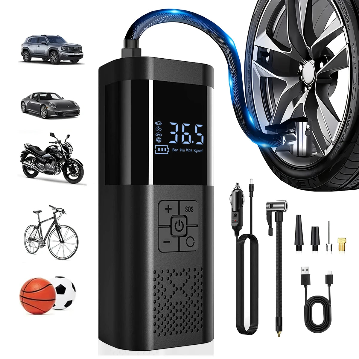 Cordless Car Air Pump | Portable Tire Inflator with LED Light and Power Bank