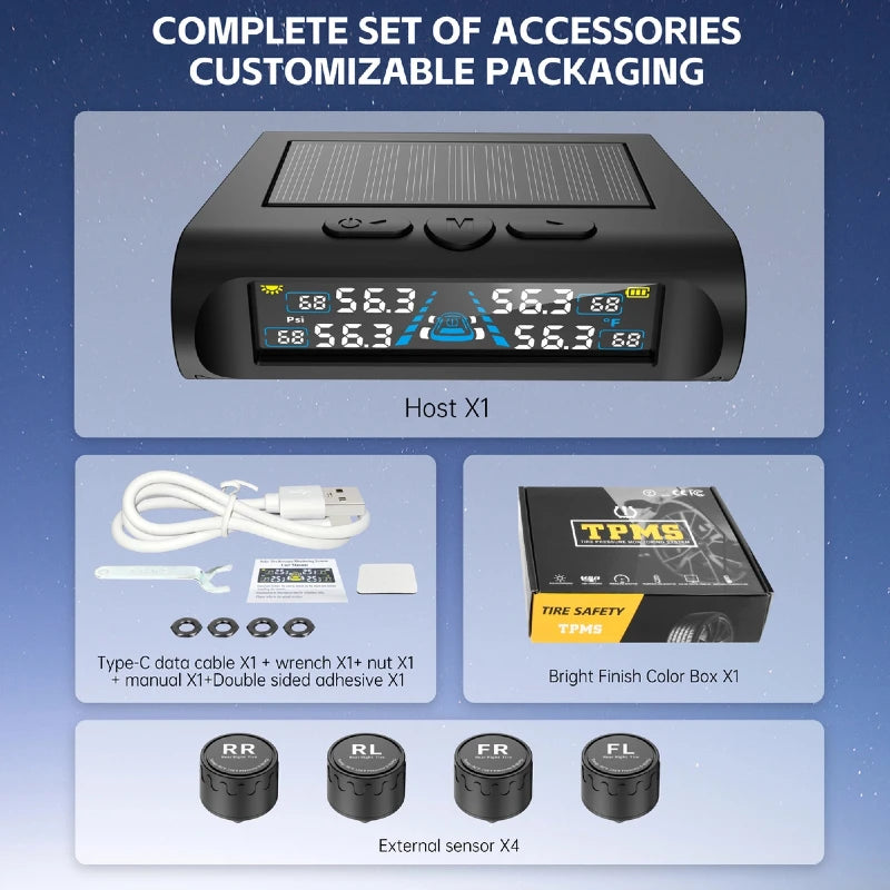 USB Solar TPMS Car Tire Pressure Monitor | 4 External Sensors Digital LCD Display 0-6 alternate view