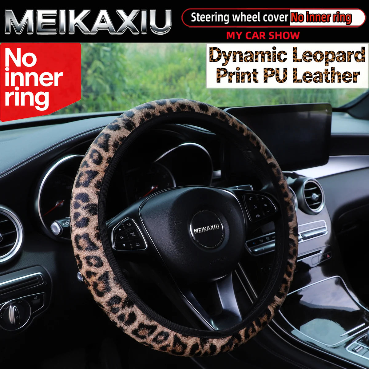 New style Women's Leopard Pattern PU Leather Steering Wheel Cover Car Decoration Rimless detail view