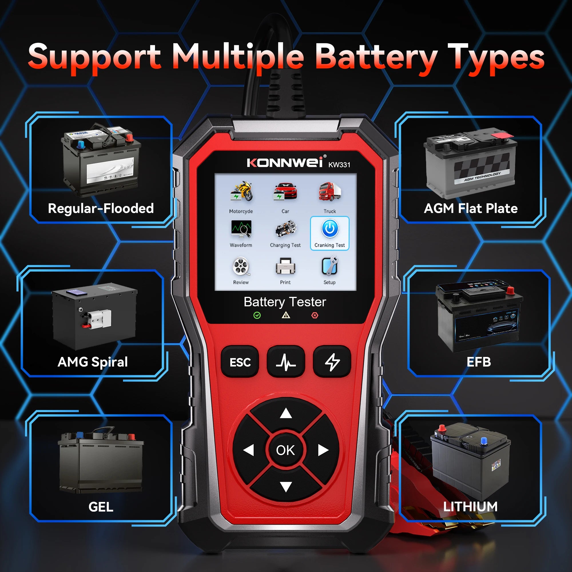 2026 KONNWEI KW331 Professional Car Battery Tester 6V 12V 24V AMG/EFB/GEL Battery Cranki detail view