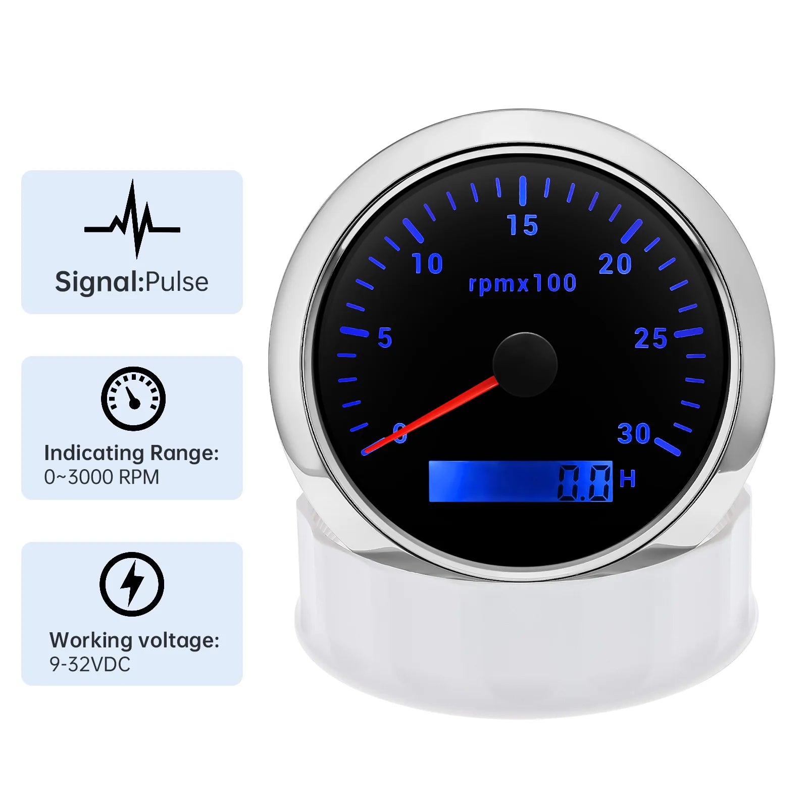 85mm Tachometer with LCD Hour Meter | 7 Color LED Backlight for Marine Boat Car close-up view