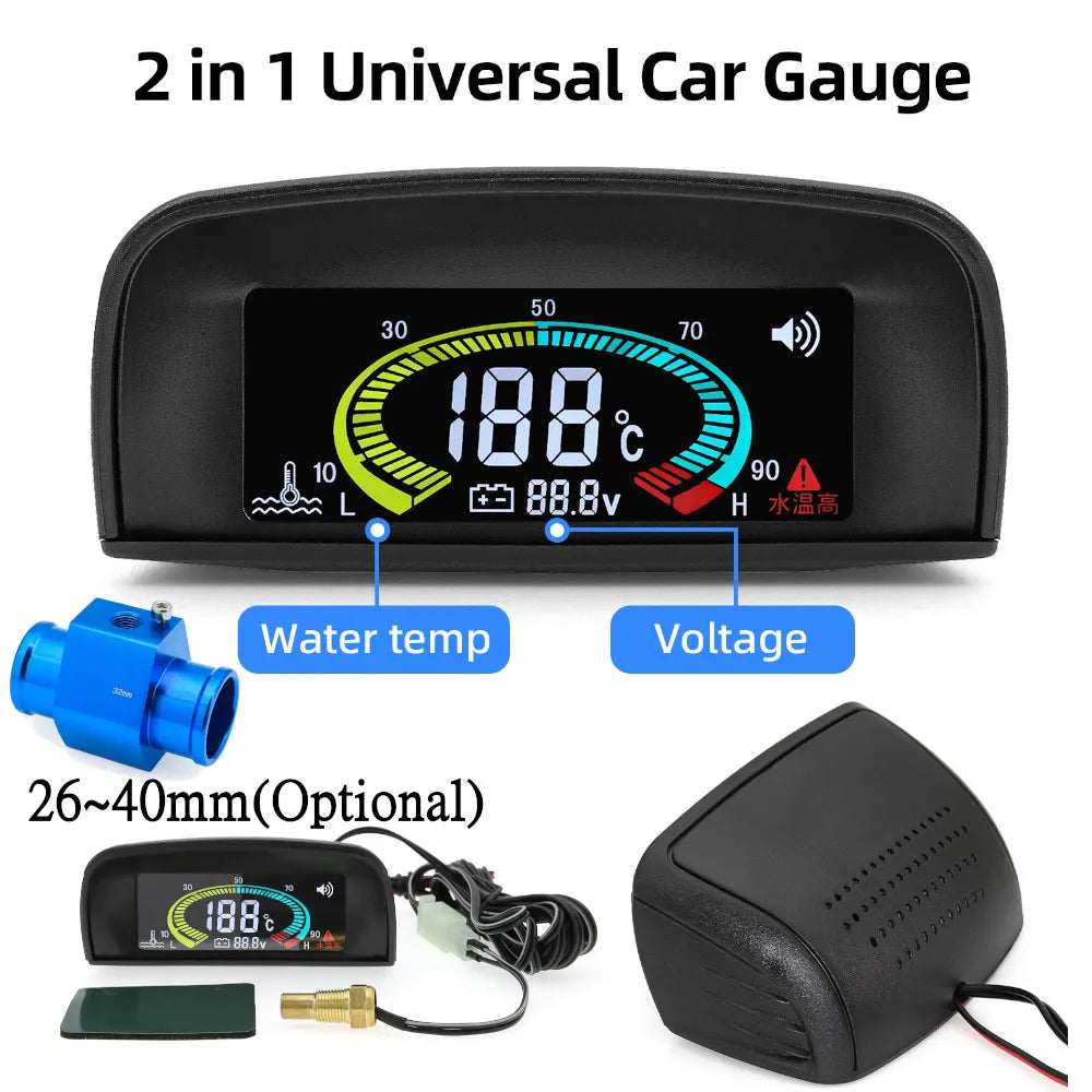 HD Universal Water Temperature Voltmeter Gauge | 2 in 1 Digital Car Gauge with Temp Sensor 10mm