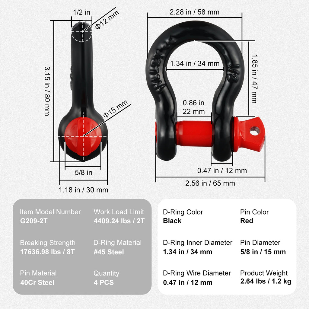 SucceBuy 4pcs 5/8" D-Ring Shackle 8T 13T Breaking Strength Tow Hook with 3/4" Screw Pin for Truck Off Road Towing Accessories
