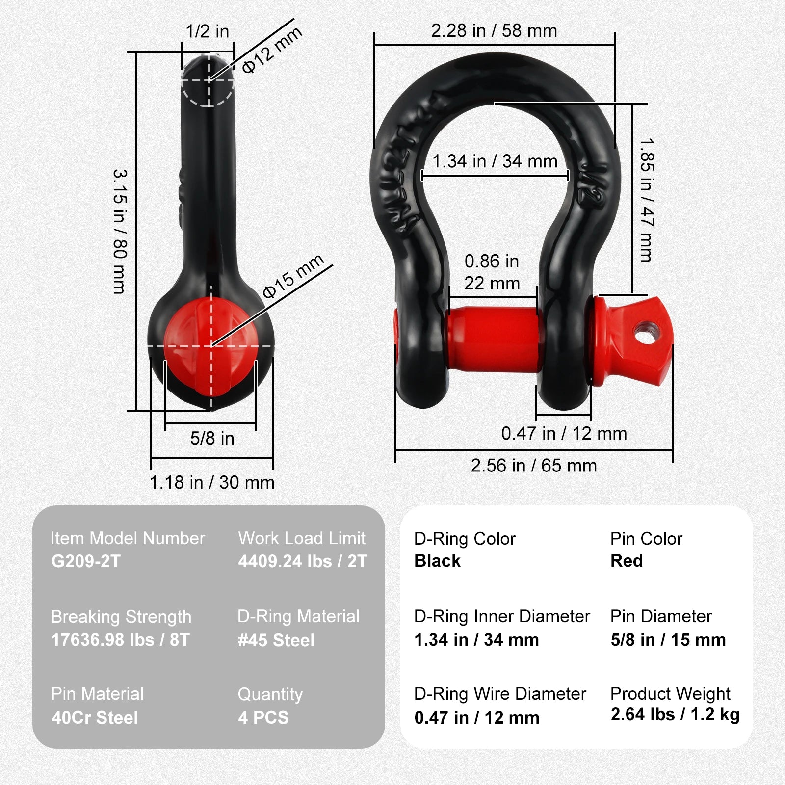 SucceBuy 4pcs 5/8" D-Ring Shackle 8T 13T Breaking Strength Tow Hook with 3/4" Screw Pin for Truck Off Road Towing Accessories